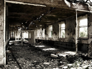 Dilapidated building broken windows debris - arie smit free wallpaper