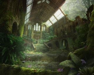Building pond bridge painting middle - matte painting concept art free wallpaper