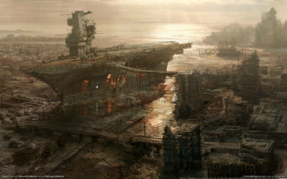 Ship harbor city water painting - craig mullins free wallpaper