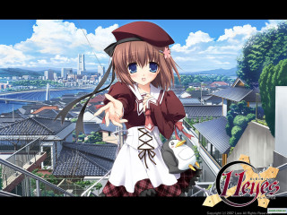 Anime girl balcony city bird - long hair and a hat free wallpaper