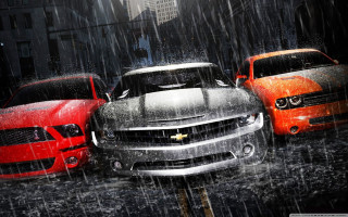 Three cars rain city street - cinematic lightning free wallpaper