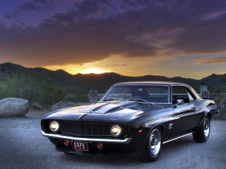 Black muscle car sunset mountains - dream free wallpaper
