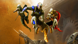 Space suits flying guns helmets - gun free wallpaper