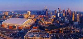 City skyline stadium cars parked - car free wallpaper
