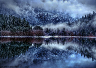 Snowy mountain lake trees fog - snow next free wallpaper