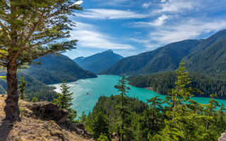 Lake mountains trees sunny day 3 - a view of a lake free wallpaper