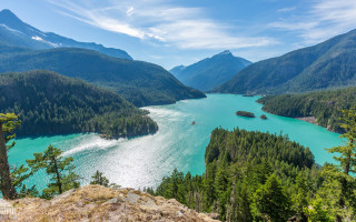 Lake mountains trees sunny blue 3 - blue water free wallpaper