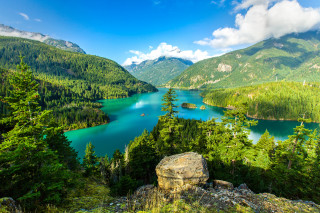 Lake mountains trees blue sky 9 - blue water free wallpaper