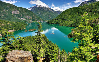 Lake mountains trees boat water 4 - beautiful landscape free wallpaper