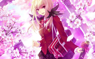 Anime girl red coat purple - white flower free wallpaper