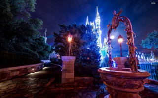 Fountain park night castle lights - a walkway free wallpaper