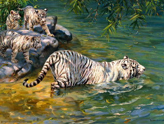 White tiger river background tree - an oil painting free wallpaper