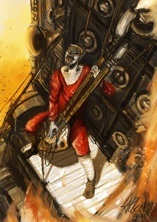 Man guitar fire building painting 2 - a guitar free wallpaper