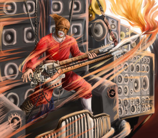Man guitar fire mouth front - biomechanical free wallpaper