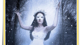 Woman white dress mask forest - snow free wallpaper
