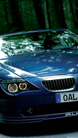 Blue car driving street forest - a photorealistic painting free wallpaper
