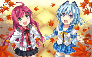 Anime girls colorful hair leaves - a cat free wallpaper for desktop