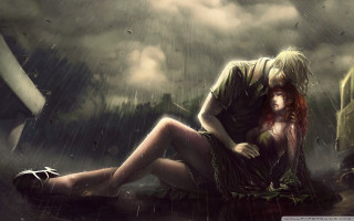 Couple sitting rain umbrella bird 2 - overhead free wallpaper