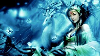Woman green dress deer fantasy - a green dress holding free wallpaper