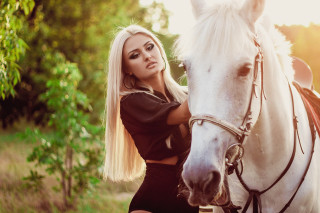 Woman white horse field grass - boleslaw cybi free wallpaper