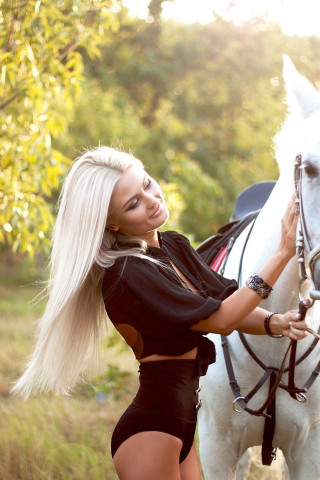 Woman black swimsuit white horse - anna katharina block free wallpaper