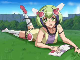 Girl laying ground book headphones - official art free wallpaper for desktop