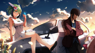 Man woman car sky clouds - a detailed drawing free wallpaper