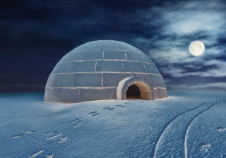 Snow igloo full moon footprints - ice free wallpaper