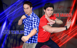 Red shirt boys kick pose - free sci-fi wallpaper