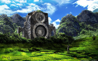 Man standing field giant stone - a face free wallpaper