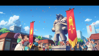 Giant statue people buildings flags - 2 d game art free wallpaper