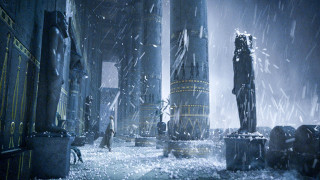 Man snowy cityscape statue fantasy - matte painting concept art free wallpaper