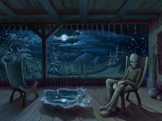 Skeleton chair night sky water - a chair in a room free wallpaper
