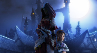 Woman red dress giant statue 2 - a dark city free wallpaper