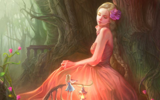 Woman red dress bench forest 2 - a painting of a woman free wallpaper