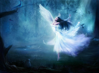 Woman white dress flying forest - dark fantasy art free wallpaper
