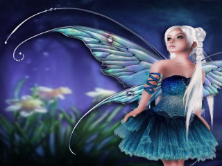 Fairy blue dress white hair 2 - a dragon in the background free wallpaper