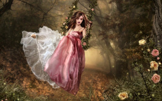 Woman pink dress swing forest - whimsical free wallpaper