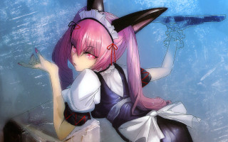 Anime girl pink hair horns - a ledge free wallpaper