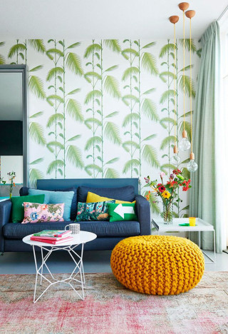 Living room blue couch colorful - flemish free wallpaper