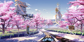 City bicycle path cherry blossoms - beeple free wallpaper