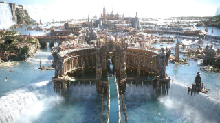 City waterfall statue liberty skyline - a large city free wallpaper