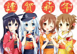 Three girls kimonos hats hands - three girl free wallpaper