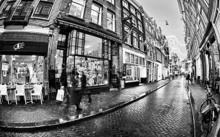 Black white street people store - modern european ink painting free wallpaper