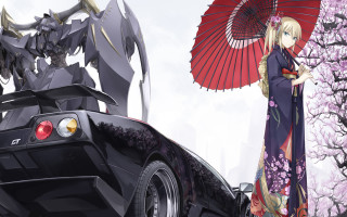 Woman car umbrella dragon standing - the back of it free wallpaper