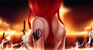 Woman red hair tattoos fire - her back free wallpaper