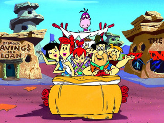 Cartoon group people riding barrel - primitivism free wallpaper