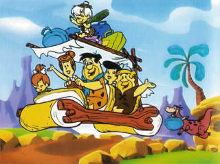 Cartoon boat people dog beach - a sailboat in the background free wallpaper