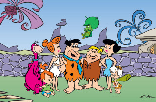 Cartoon group people stone wall - primitivism free wallpaper