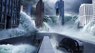 Futuristic city waterfall skateboard man - huge free wallpaper